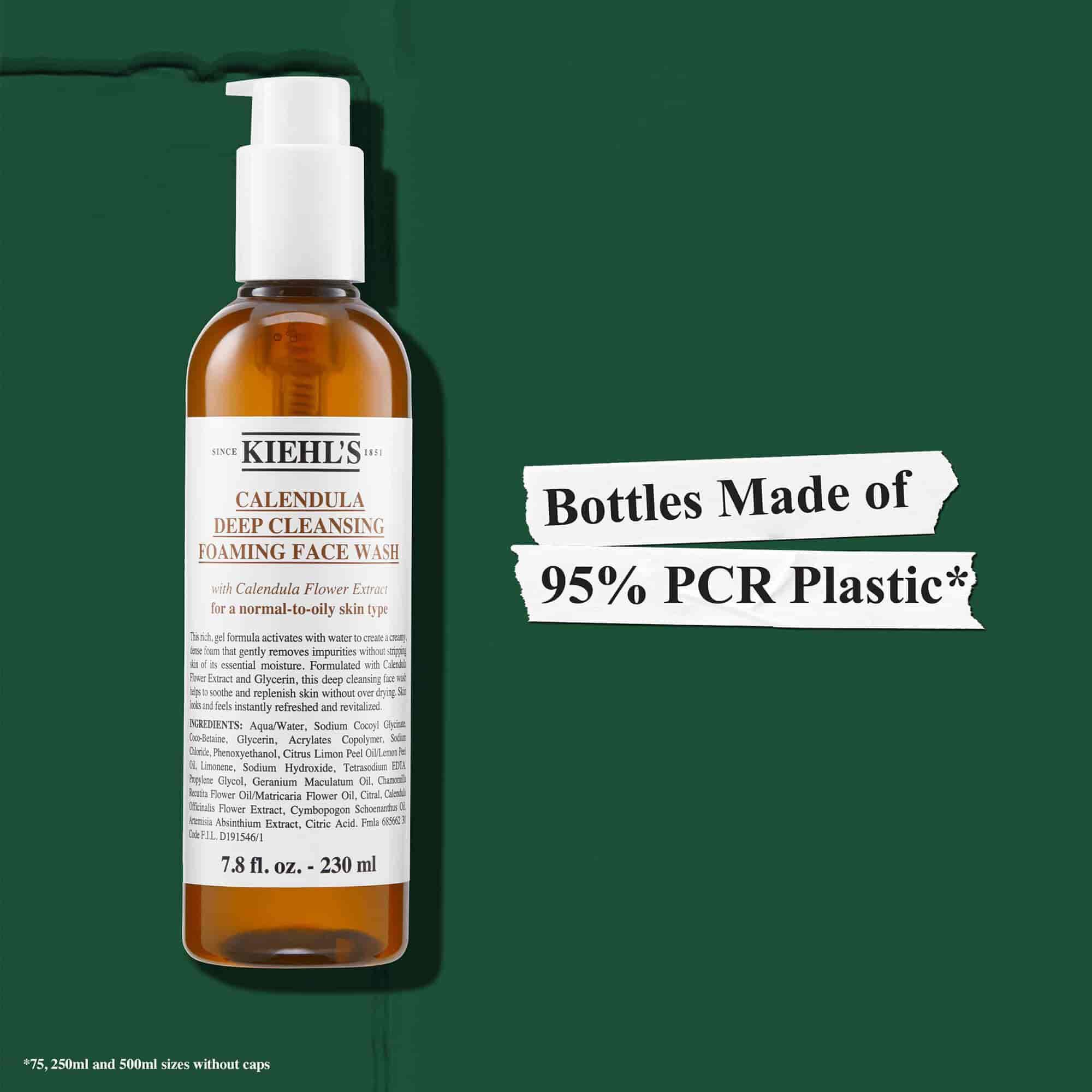 Flaskorna for Kiehl's Calendula Foaming Face Wash ar tillverkade av 95 % återvunnen plast (PCR)