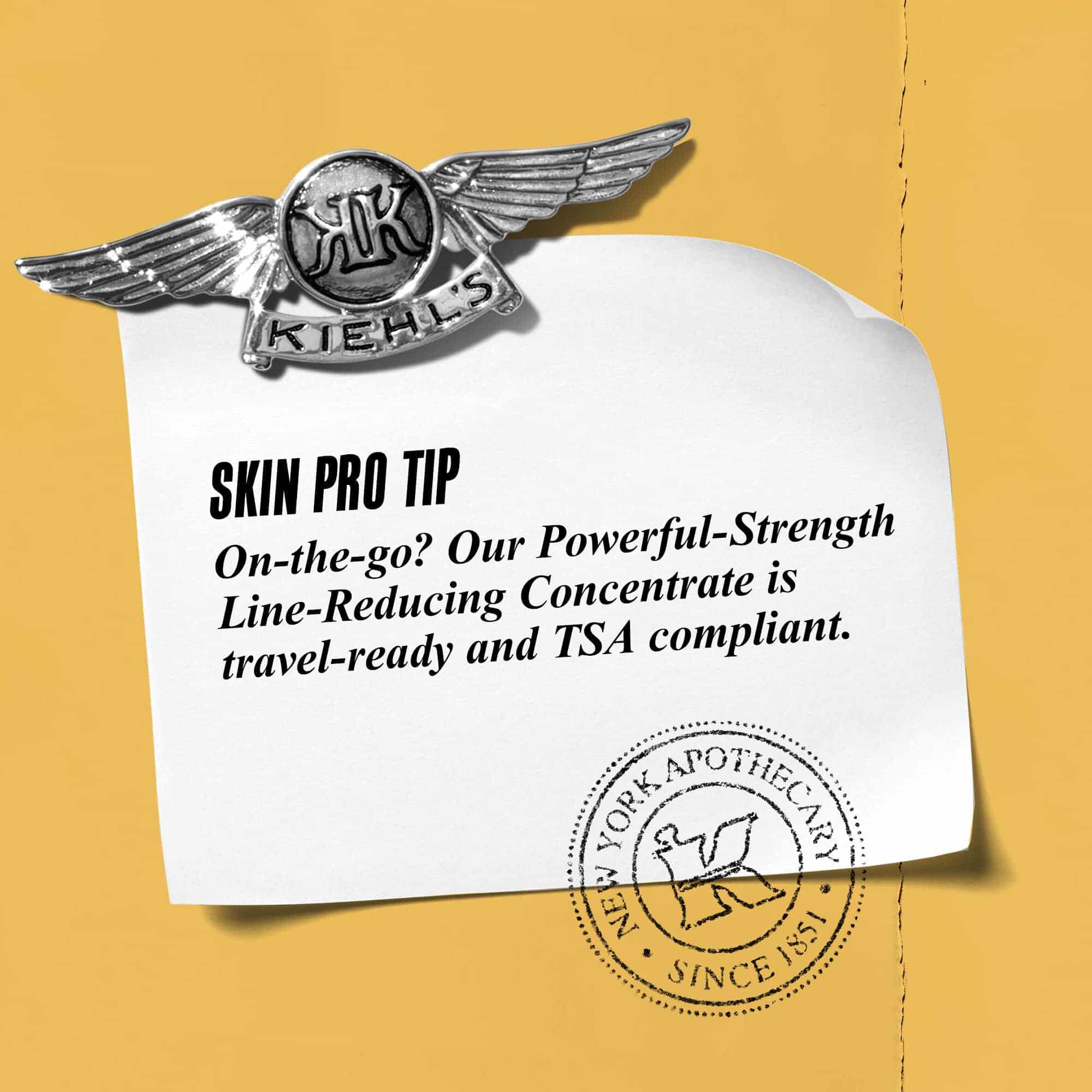Grafik med texten: "Proffstips: På språng? Vår Powerful-Strength Line-Reducing Concentrate ar redo for resan och TSA-godkand."