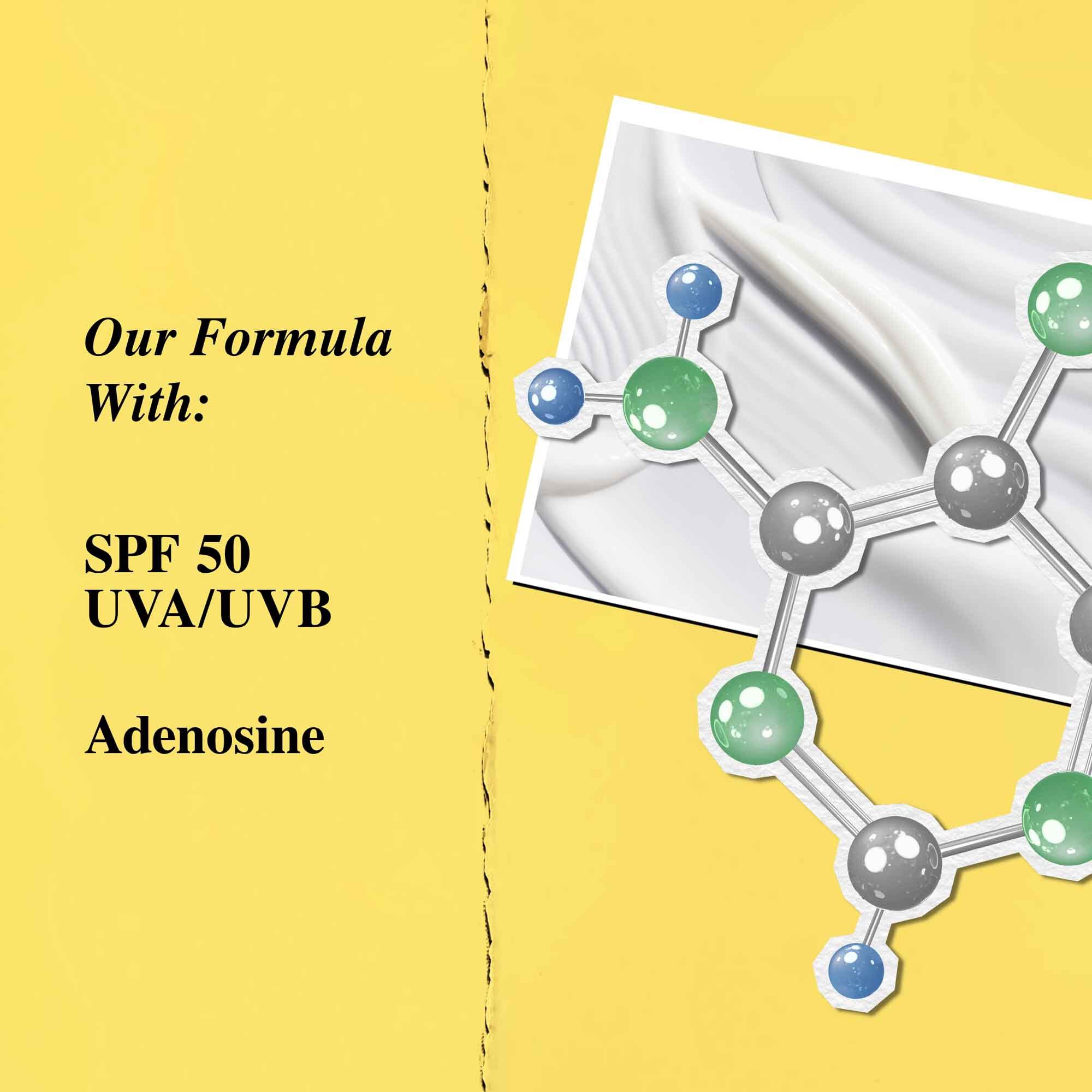 Grafik over nyckelingredienser: SPF 50 och adenosin.