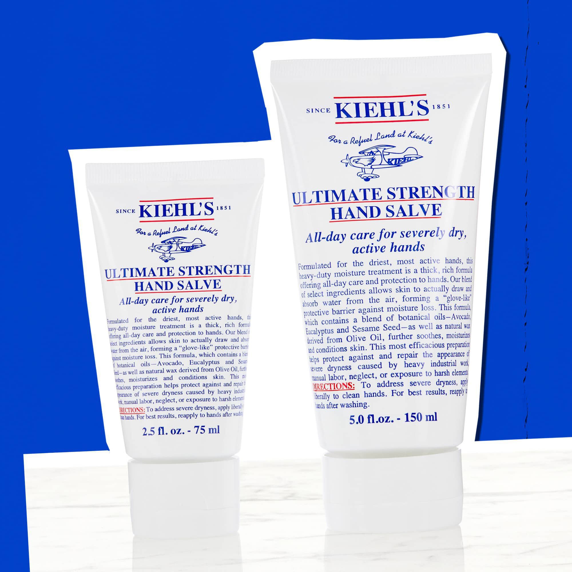 Två tuber med Kiehl's Ultimate Strength Hand Salve som visar tillgangliga storlekar