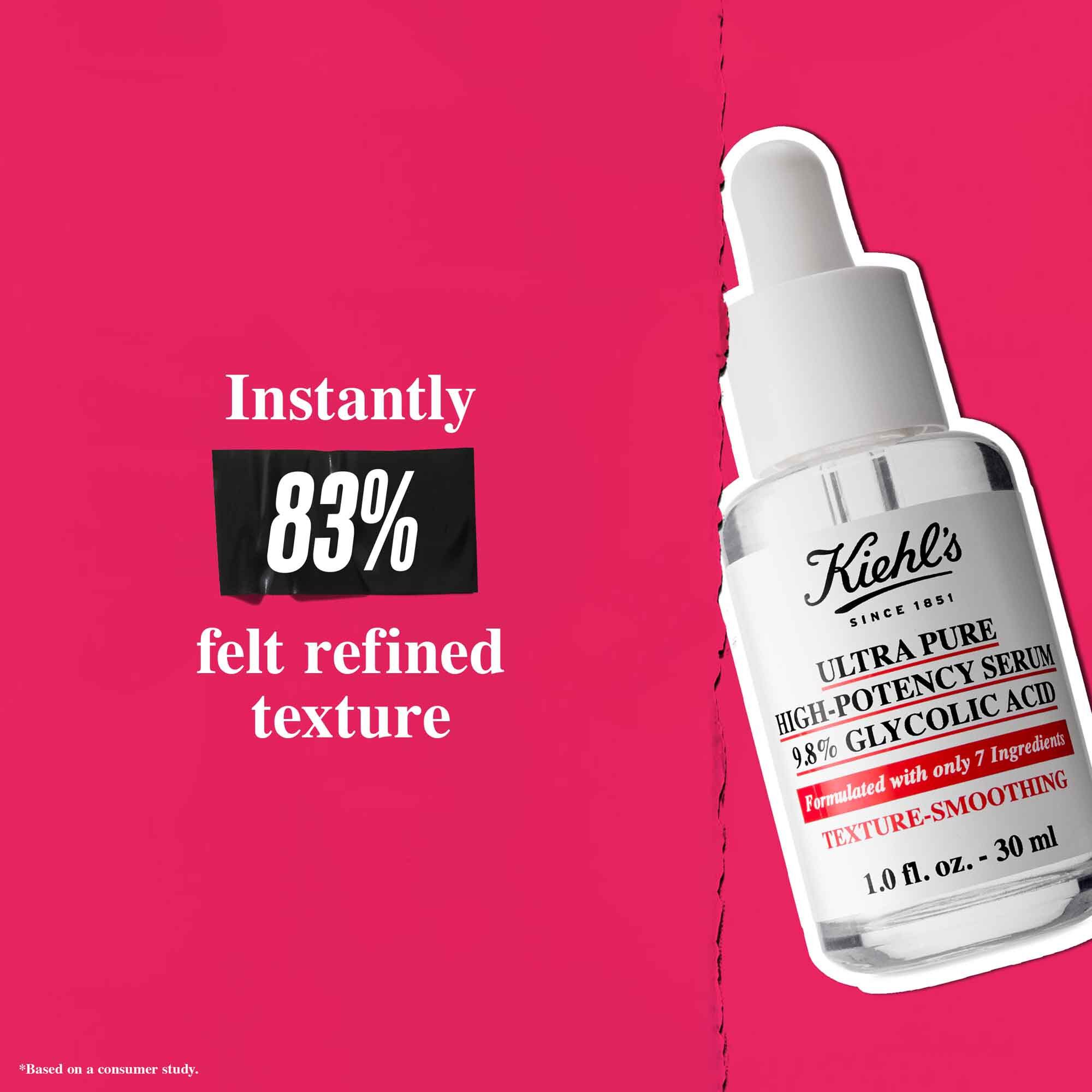 En flaska Ultra Pure 9.8% Glycolic Acid Serum mot en rosa bakgrund med texten: "Omedelbart kande 83% en forfinad textur."