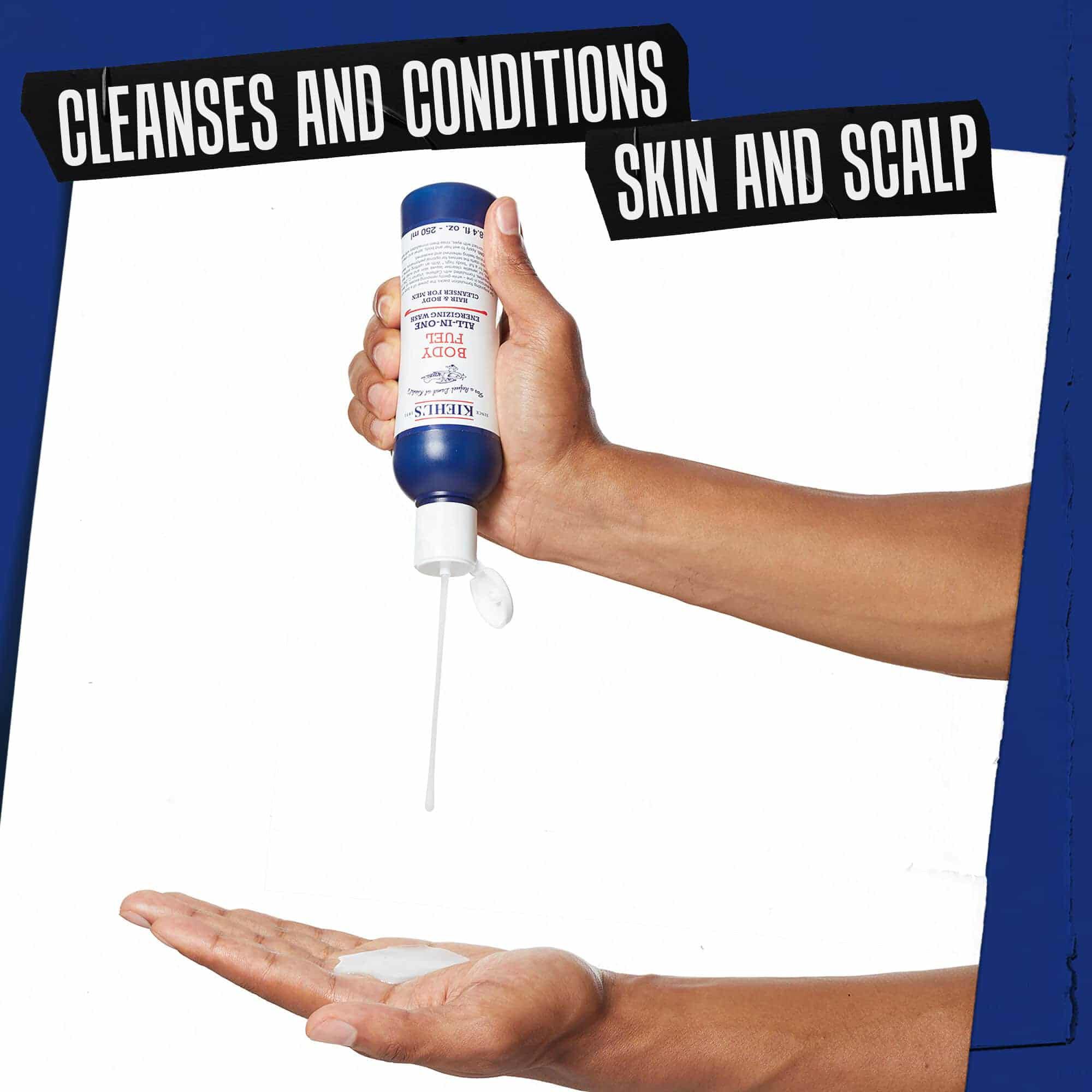 Hand som doserar Body Fuel All-In-One Energizing Wash; rengor och vårdar hud och hårbotten.
