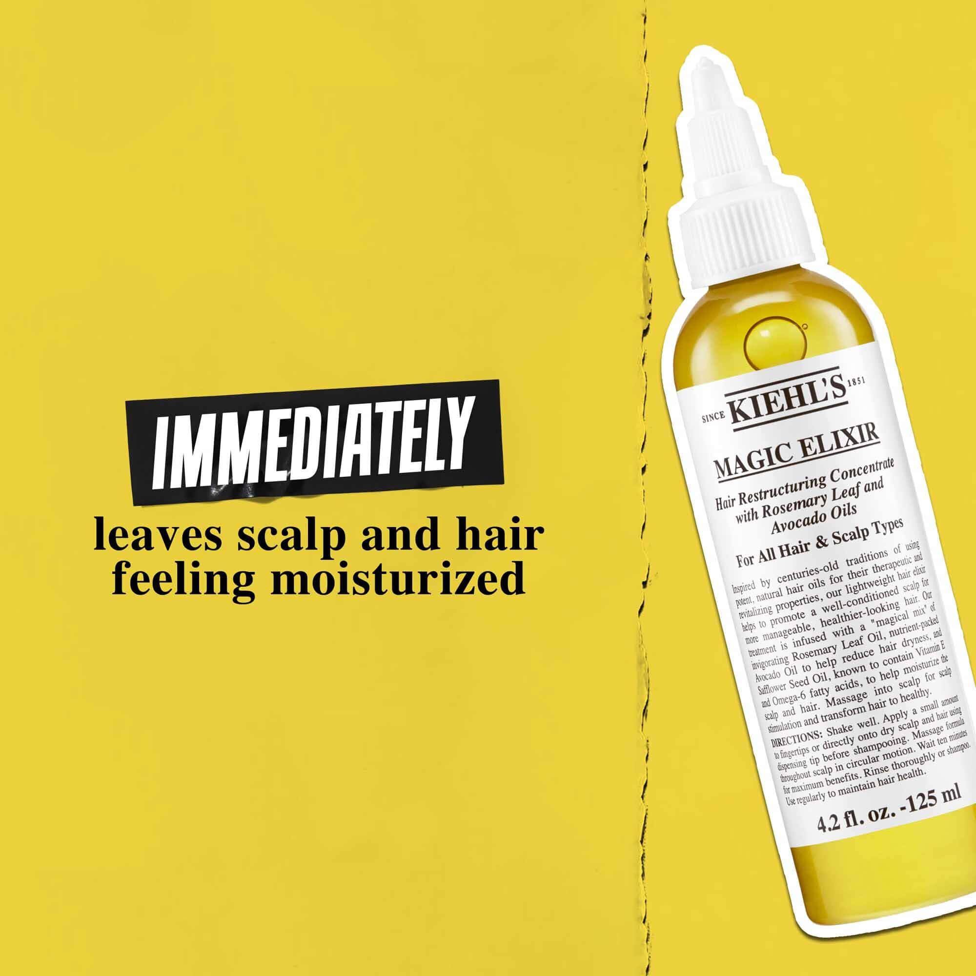 En flaska Magic Elixir Hair Oil mot en guldbakgrund med texten: "Lamnar omedelbart hårbotten och hår återfuktade."
