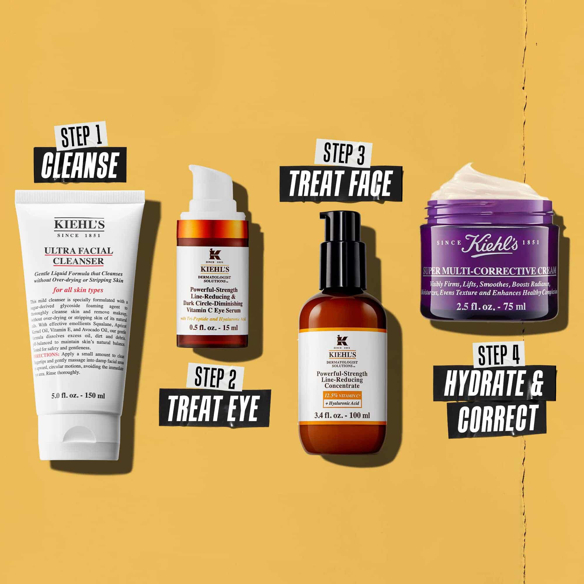 Fyra Kiehl's-produkter som representerar en hudvårdsrutin. Från vanster till hoger: rengoring, ogonkram, Powerful-Strength Line-Reducing Concentrate och fuktkram.
