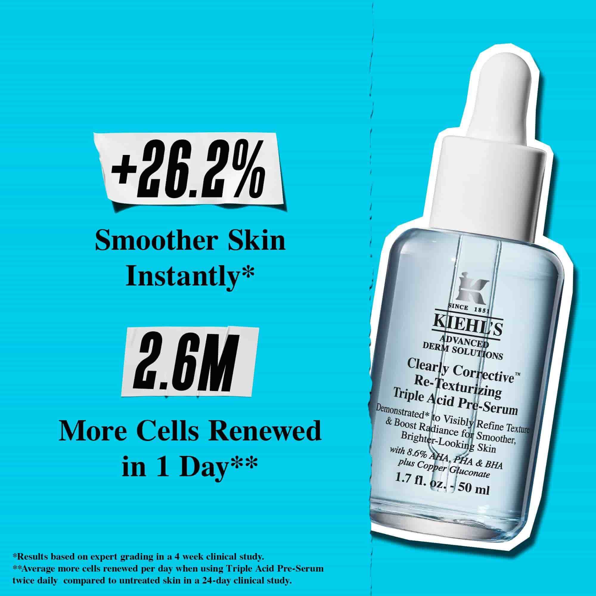 En flaska Clearly Corrective Triple Acid Peel mot en blå bakgrund med texten: "+41% slatare textur."