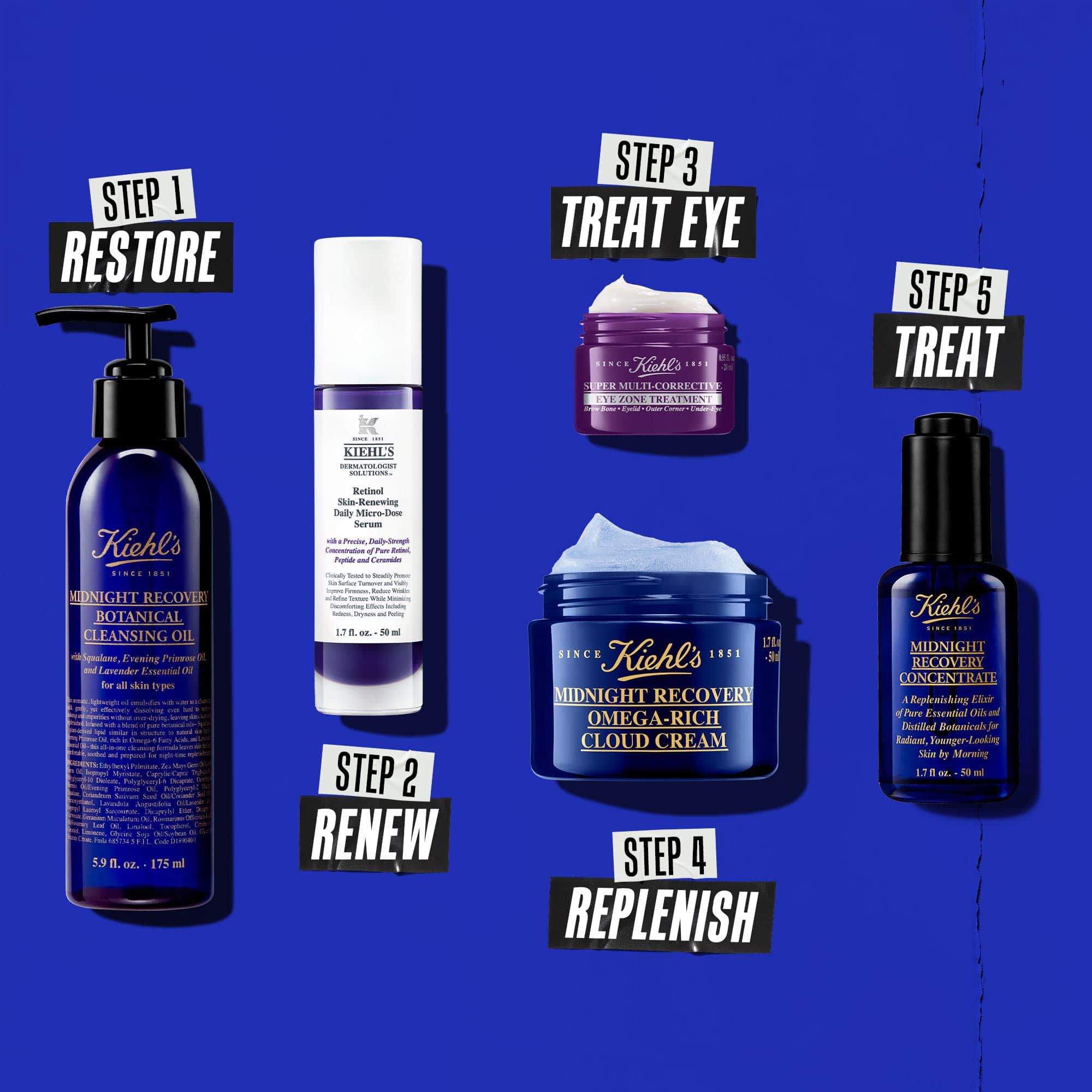 En kvallsrutin i fem steg med Kiehl's produkter. Från vanster till hoger: rengoring, retinolserum, ogonkram, fuktkram och Midnight Recovery Concentrate.