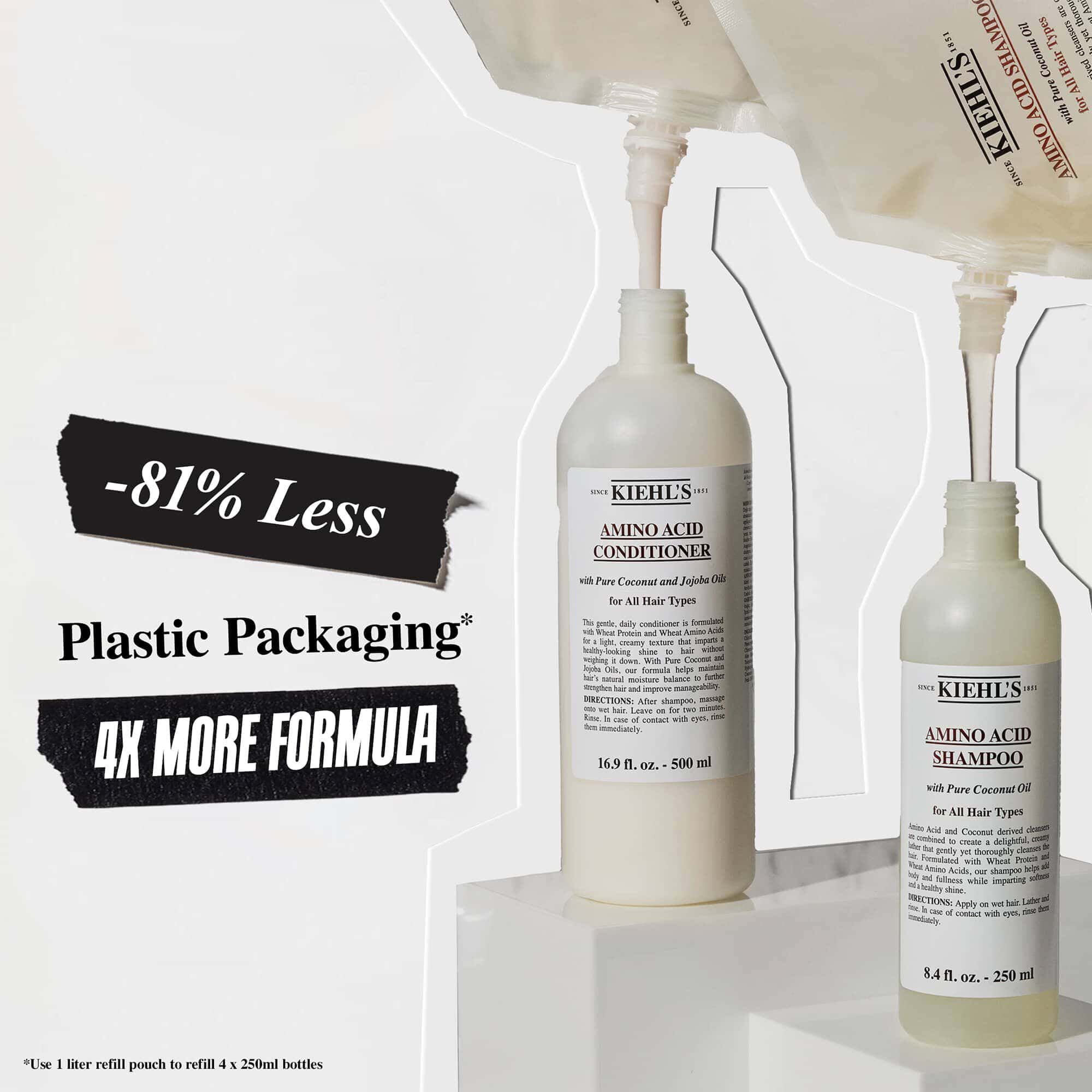 Kiehl's Amino Acid schampo- och balsamflaskor med reklamtext som framhaver 81 % mindre plastforpackningar och 4 gånger mer formula.