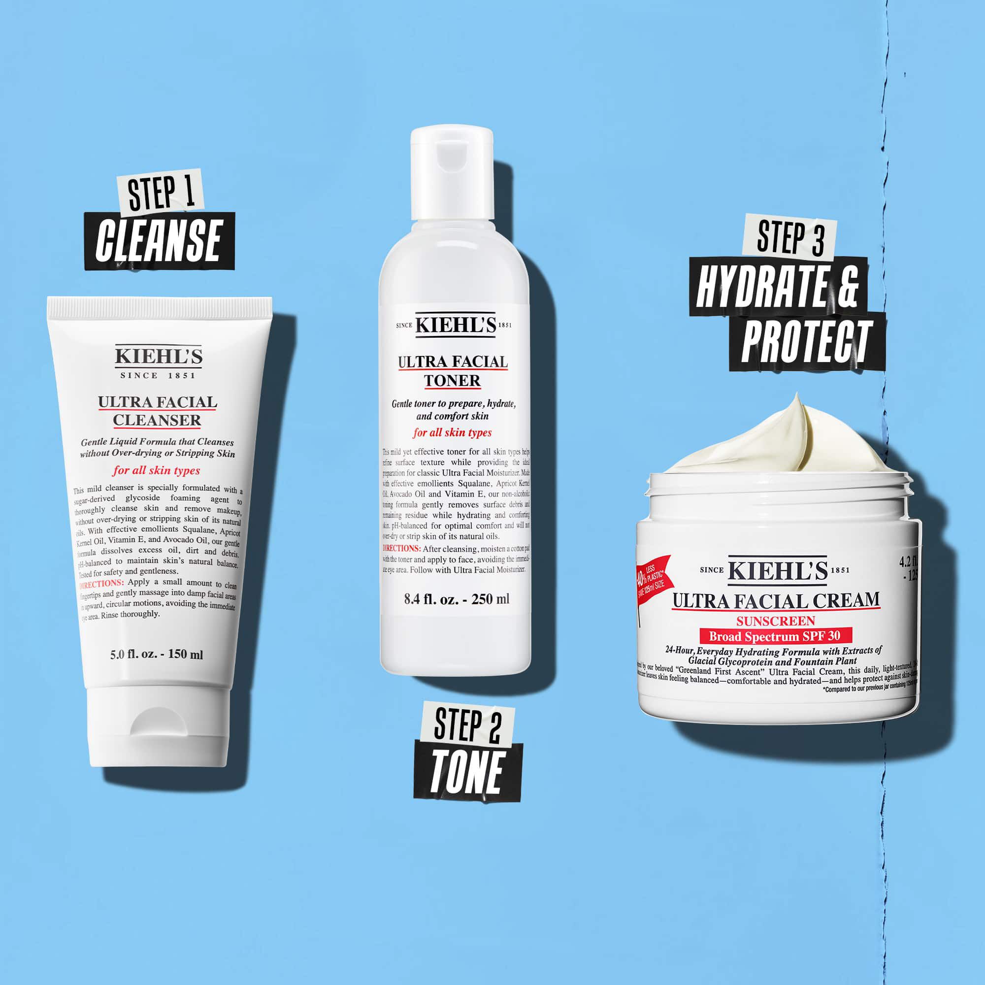 En rutin i tre steg med Kiehl's produkter. Steg 1: Ultra Facial Cleanser. Steg 2: Ultra Facial Toner. Steg 3: Ultra Facial Cream SPF 30.