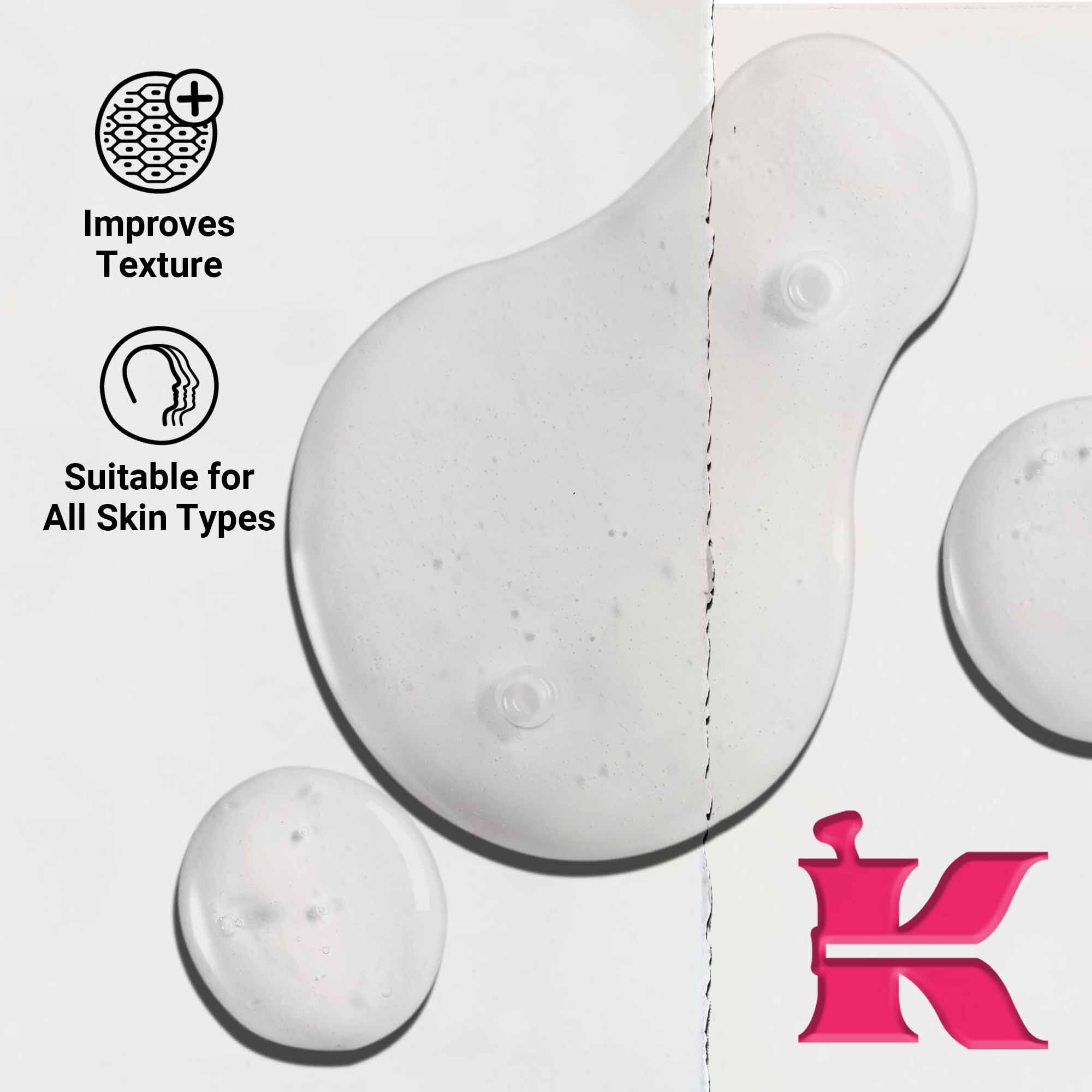 Narbild på konsistensen av Ultra Pure 9.8% Glycolic Acid Serum som visar klara vatskedroppar. Texten betonar formågan att forbattra texturen och lamplighet for alla hudtyper.