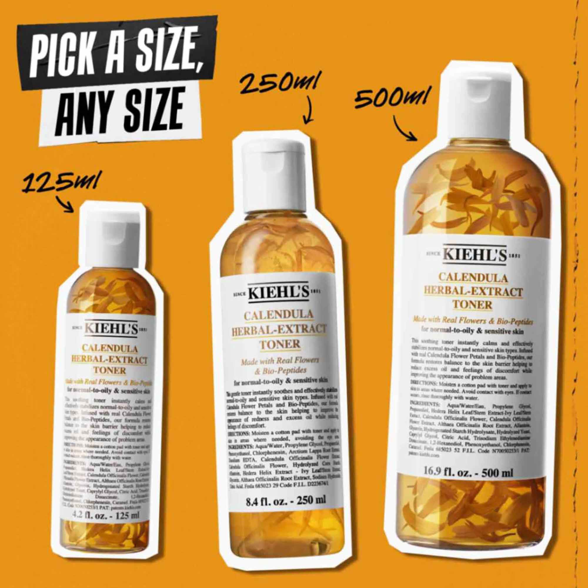Tre flaskor Calendula Herbal-Extract Toner i olika storlekar (125 ml, 250 ml, 500 ml) mot en orange bakgrund med texten "Valj en storlek, vilken storlek som helst."