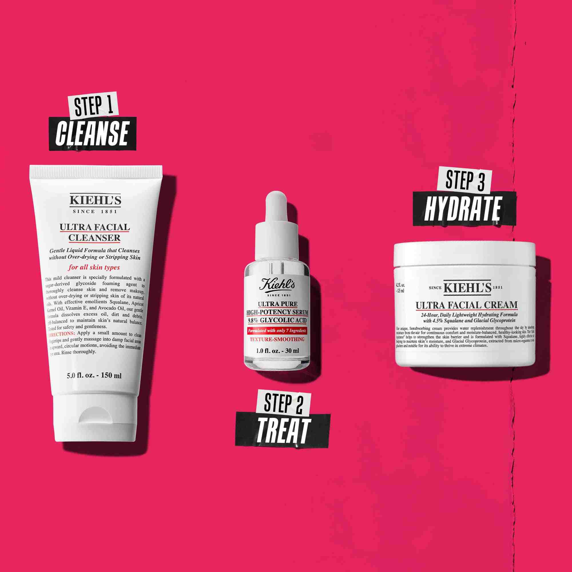 En rutin i tre steg med Kiehl's produkter. Steg 1: Ultra Facial Cleanser. Steg 2: Glykolsyraserum. Steg 3: Ultra Facial Cream.