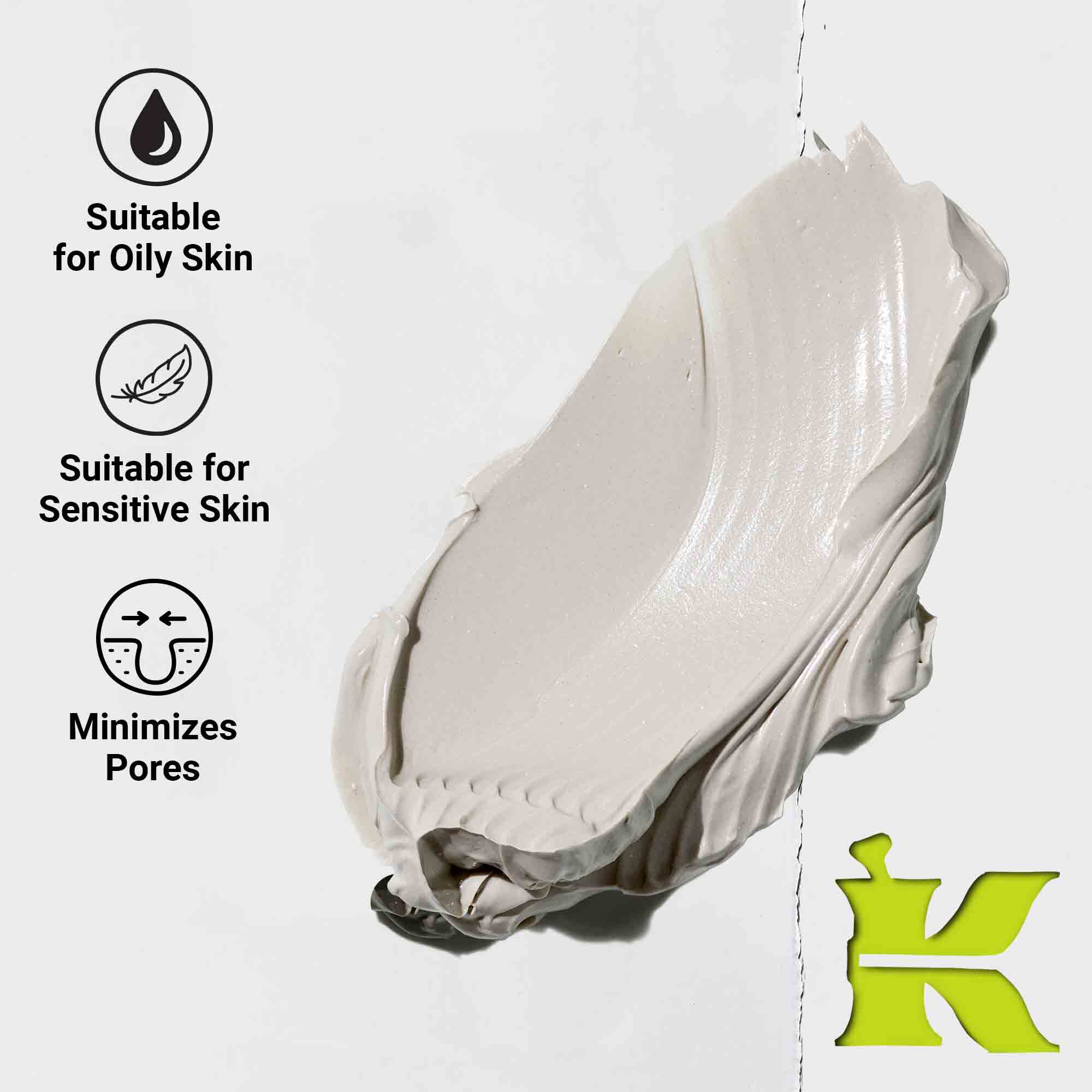 Foto på konsistensen med ikoner som anger att den reducerar porer, innehåller naturliga ingredienser och passar alla hudtyper