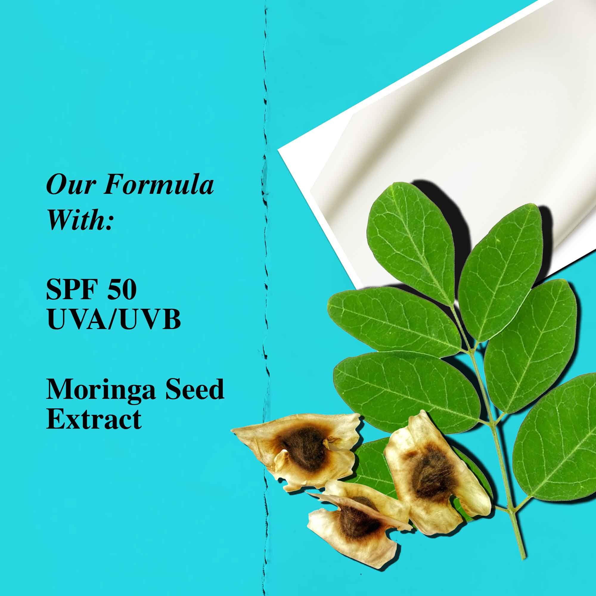 En grafik som lyfter fram nyckelingredienserna i Ultra Light Daily UV Defense Aqua Gel, inklusive SPF 50 och moringafroextrakt.