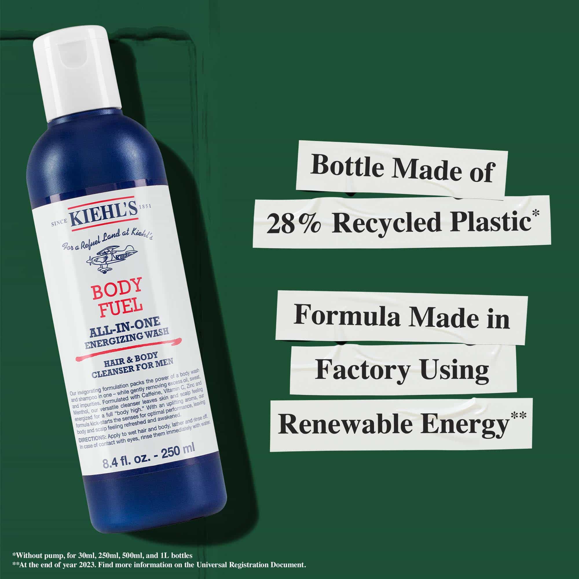 Body Fuel-flaska tillverkad av 28 % återvunnen plast; formel framstalld i en fabrik som anvander fornybar energi.