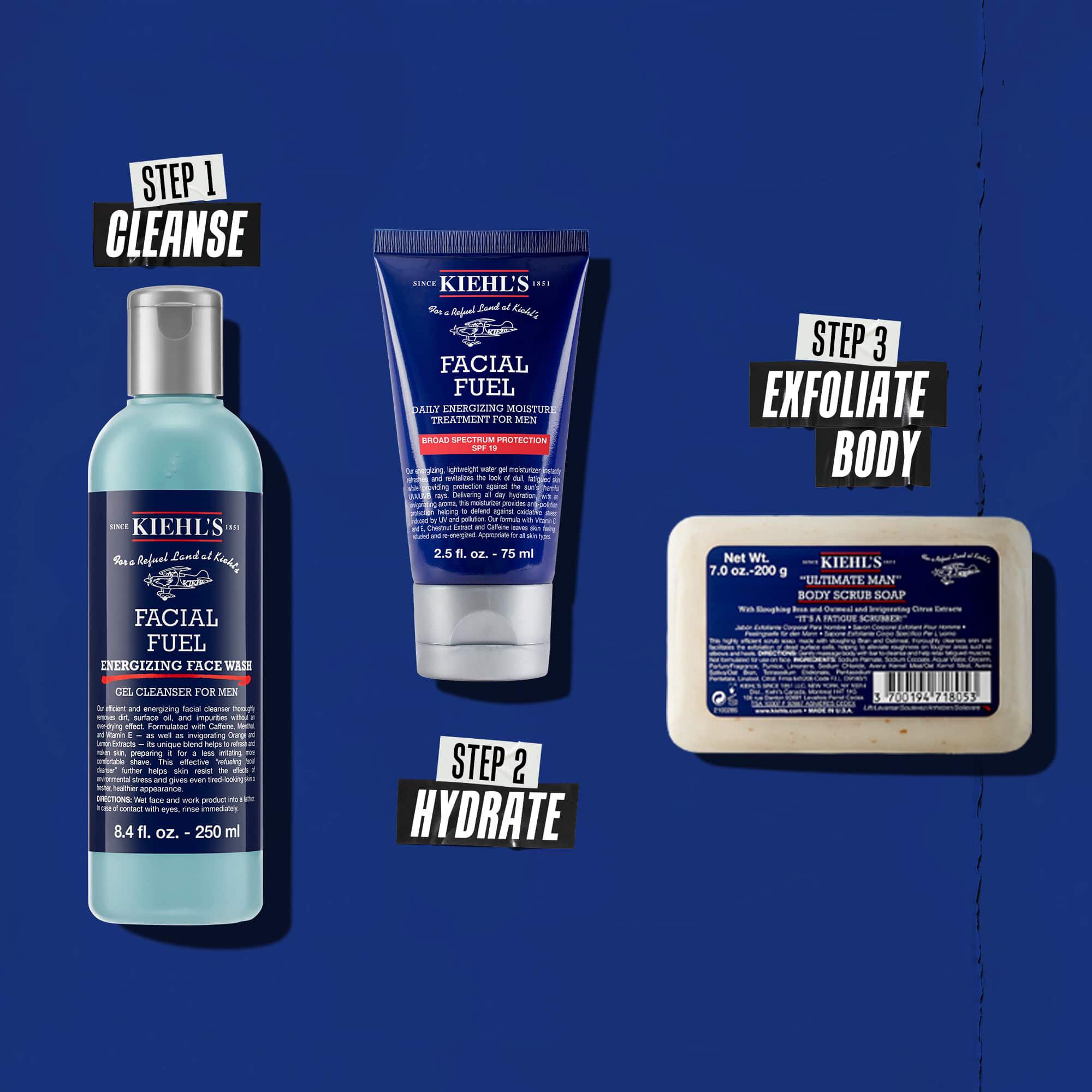 Tre Kiehl's-produkter som representerar en rutin. Från vanster till hoger: Facial Fuel Cleanser, Facial Fuel Moisturizer och Ultimate Man Body Scrub Soap.