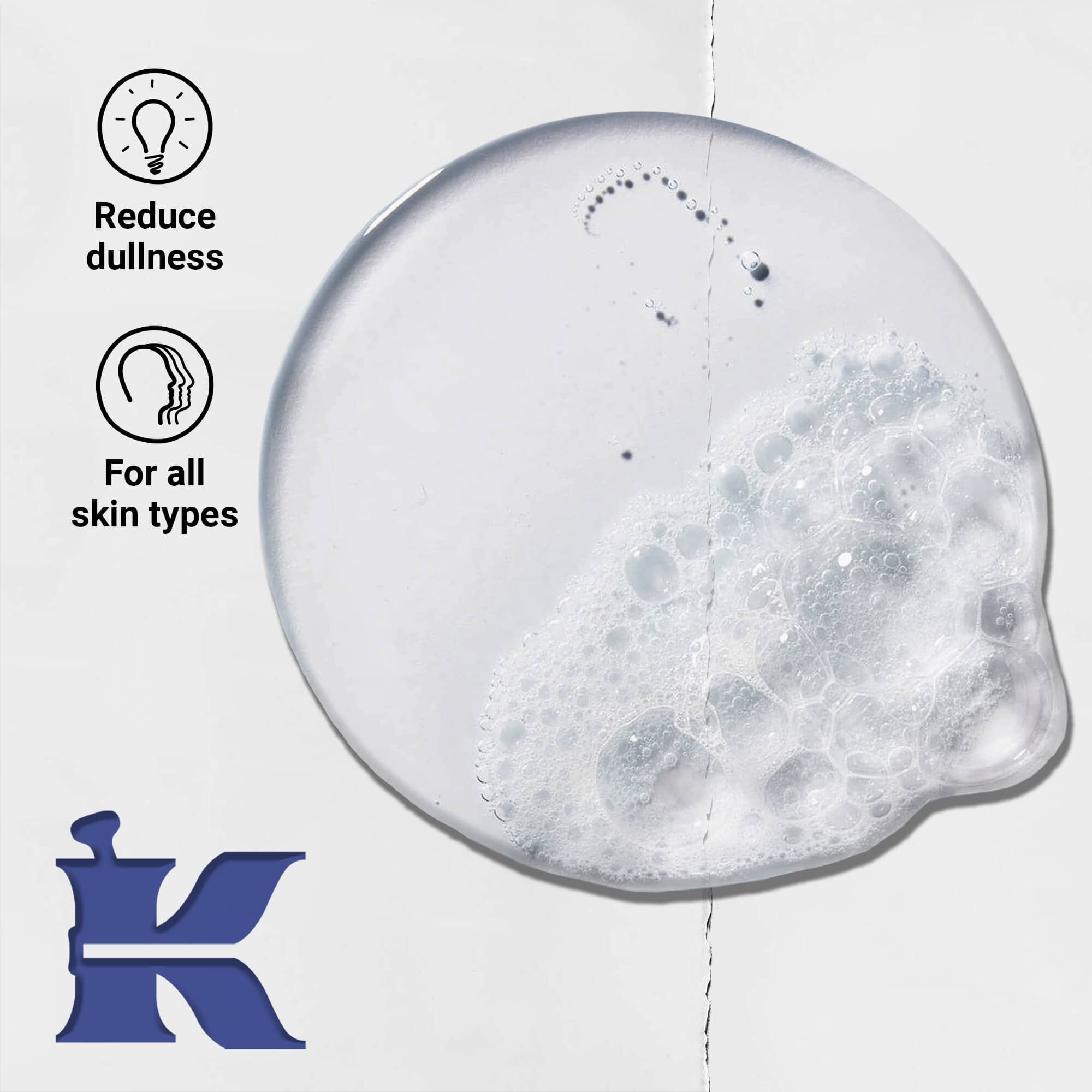 Foto på Facial Fuel-konsistens med ikoner som anger att den piggar upp glanslos hy och passar alla hudtyper