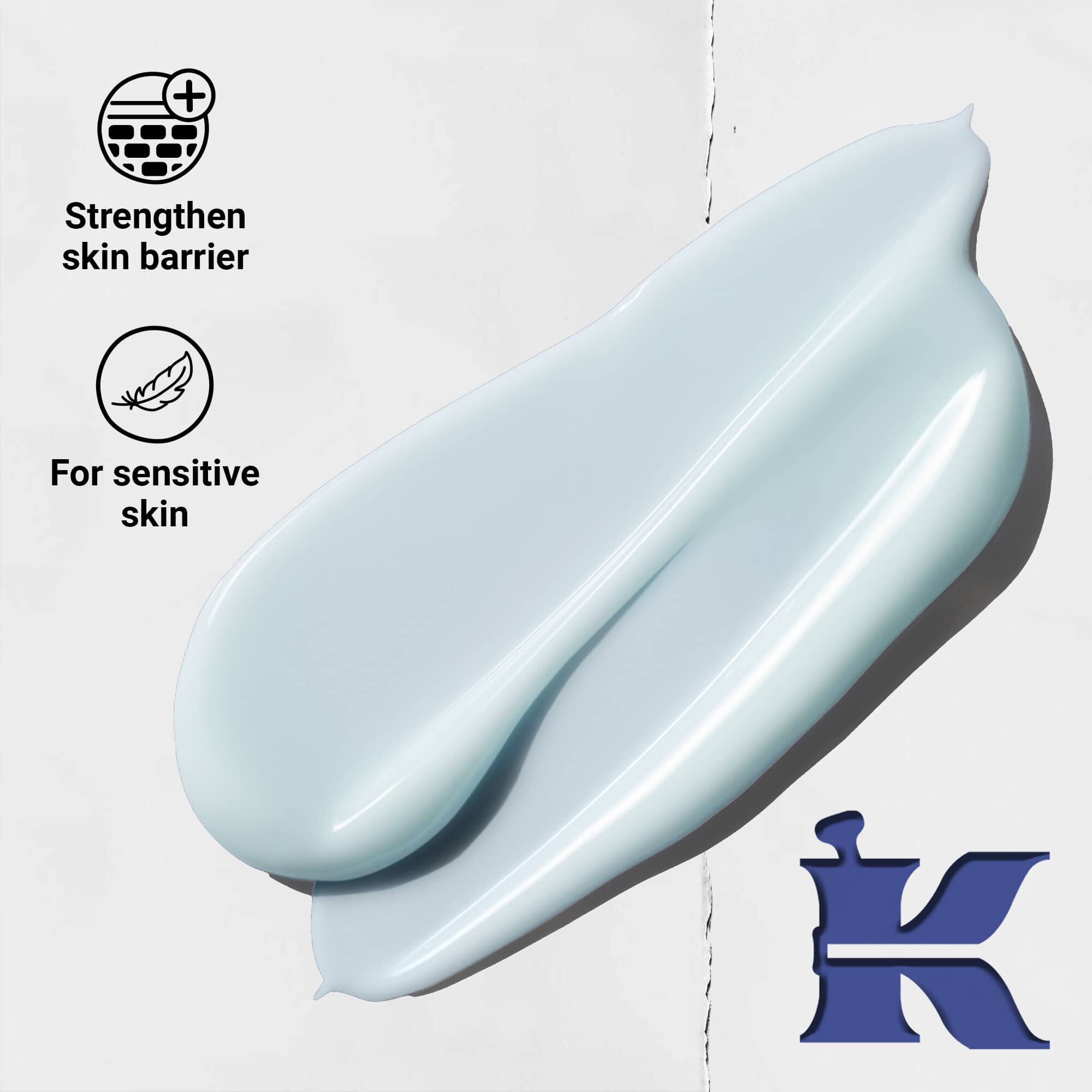 Foto på Facial Fuel-konsistens med ikoner som anger att den starker hudbarriaren och passar kanslig hy