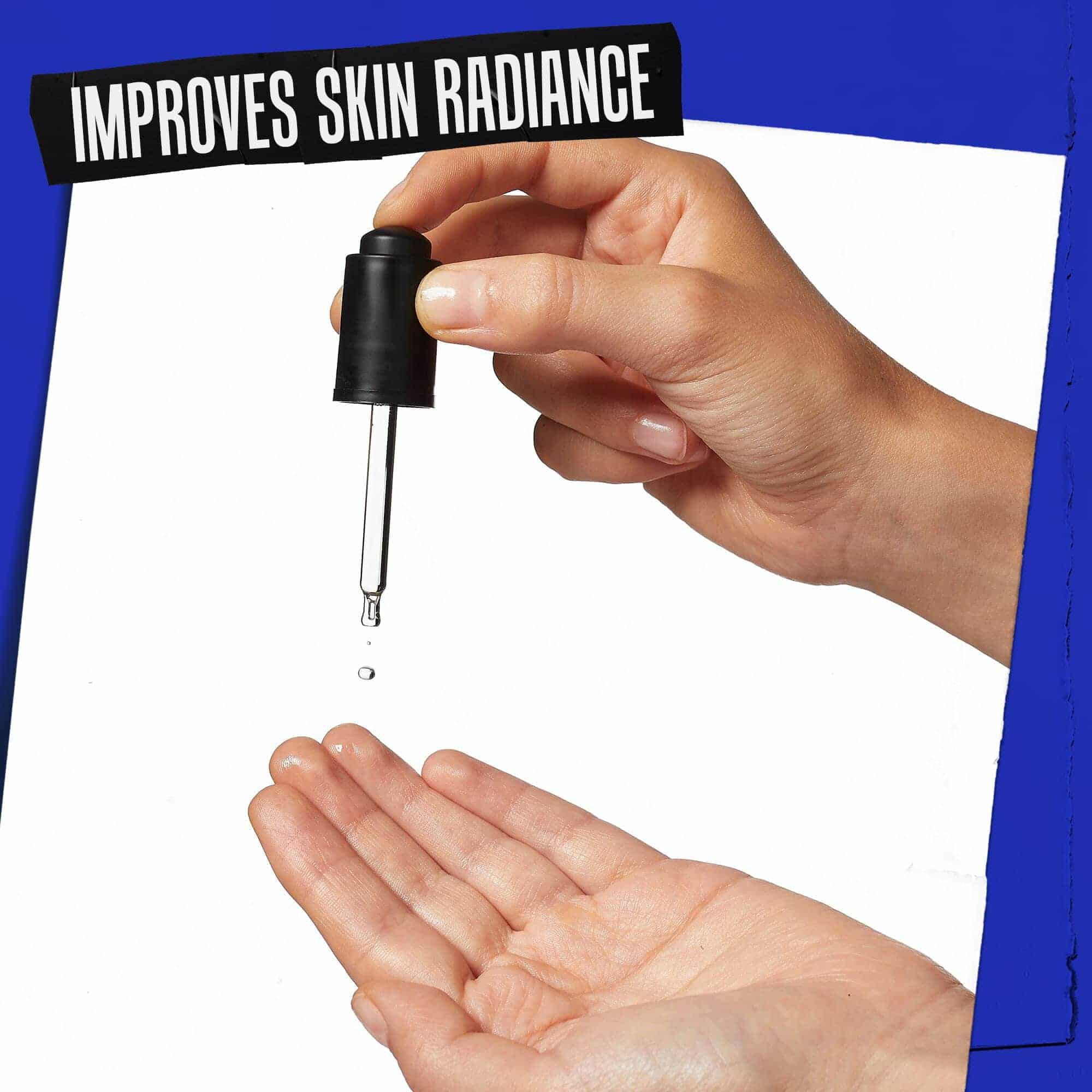 En hand dar Midnight Recovery Concentrate droppas på, markt "Forbattrar hudens lyster".