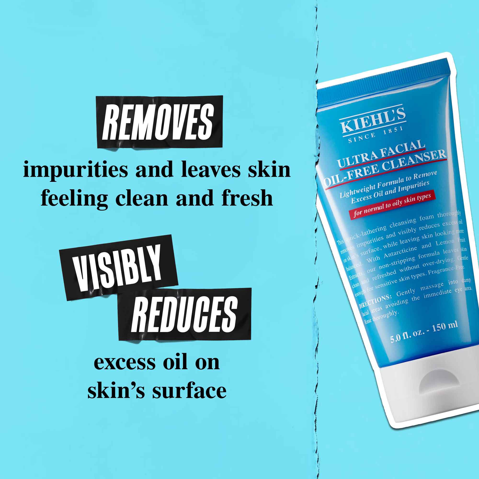 En tub med Ultra Facial Oil-Free Cleanser mot en blå bakgrund med texten "Tar bort olja och lamnar huden med synligt minskad overflodig olja på hudytan."