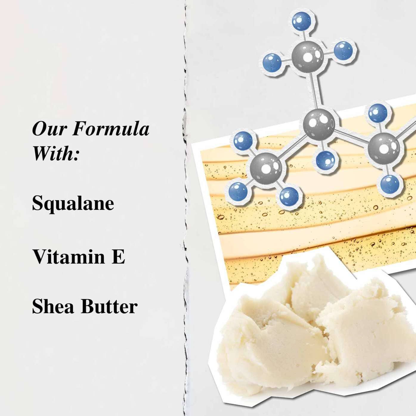 En grafik som lyfter fram nyckelingredienserna i Lip Balm #1: sheasmor, squalane och E-vitamin.