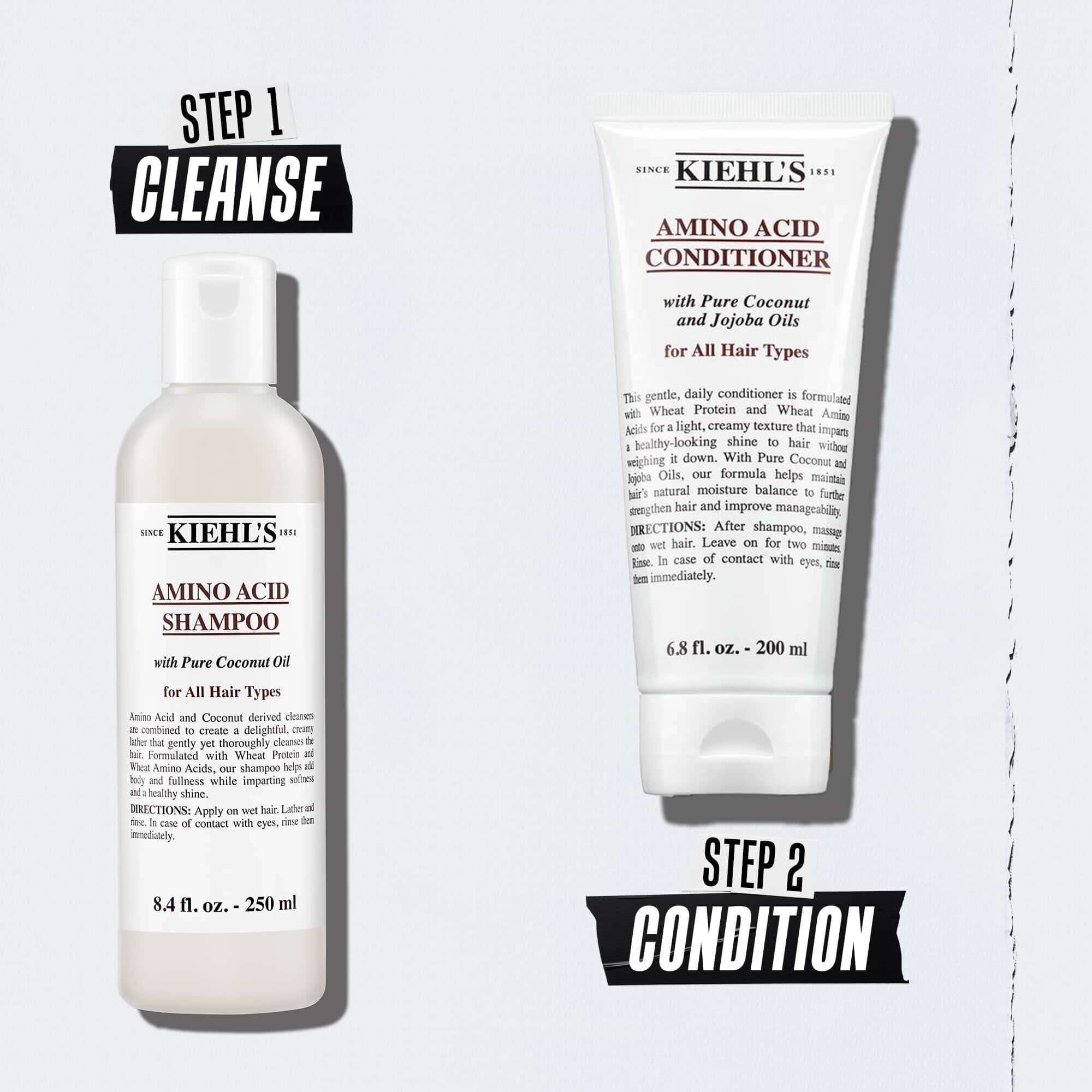 Kiehls Aminosyra-hårvårdsrutin med flaskor – Steg 1 Rengoring Steg 2 Tillstånd