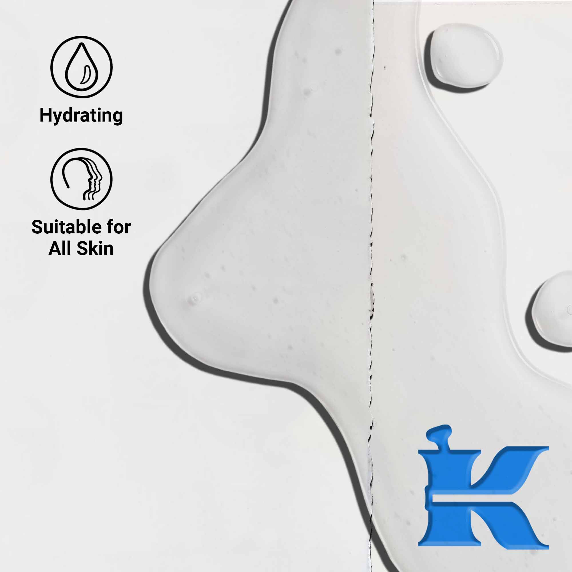 Narbild på konsistensen av Ultra Pure 1.5% Hyaluronic Acid Serum som visar klara vatskedroppar. Texten betonar återfuktande fordelar och lamplighet for alla hudtyper.