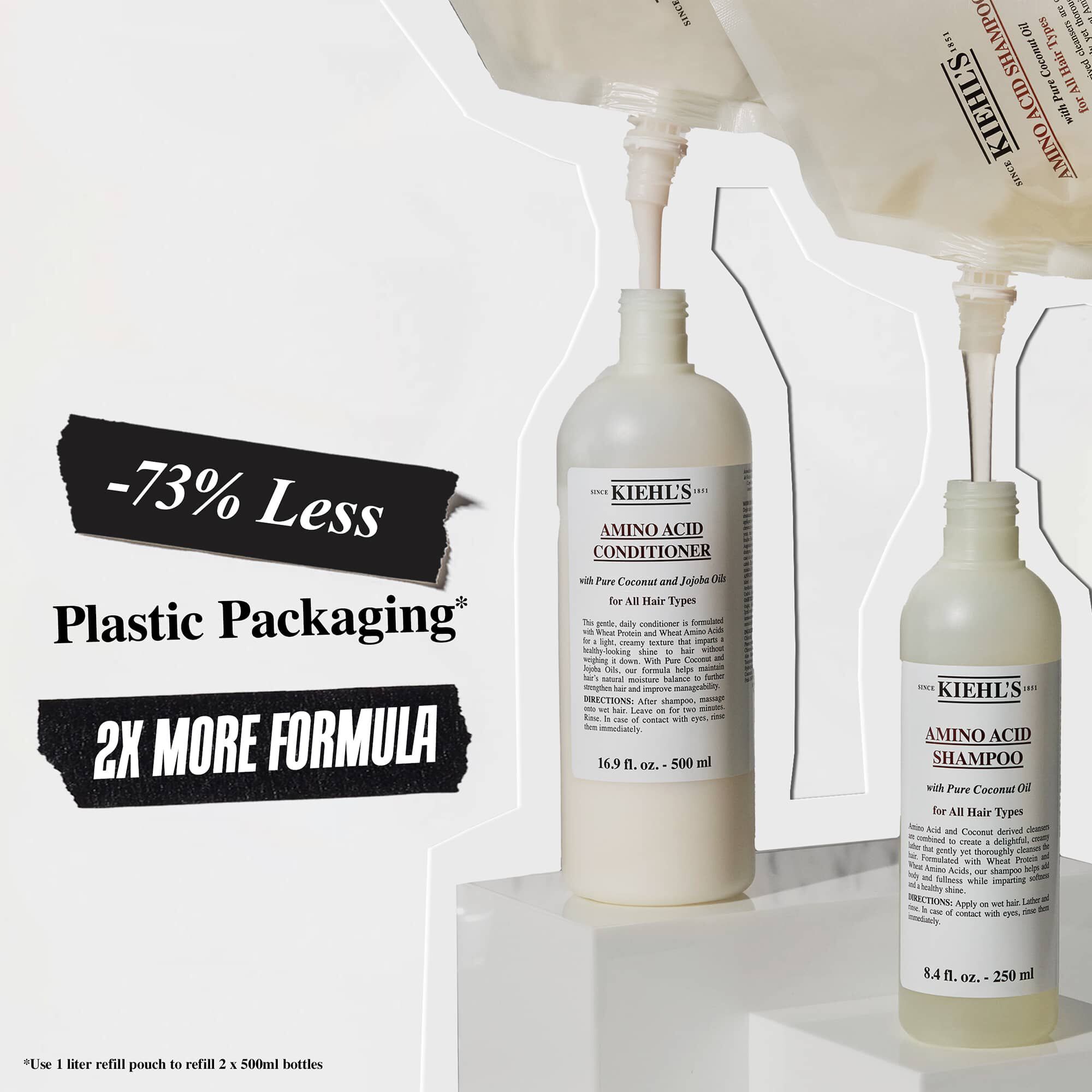 73 % mindre plastforpackning och dubbelt så mycket ersattning med Kiehl's Amino Acid Conditioner-påse