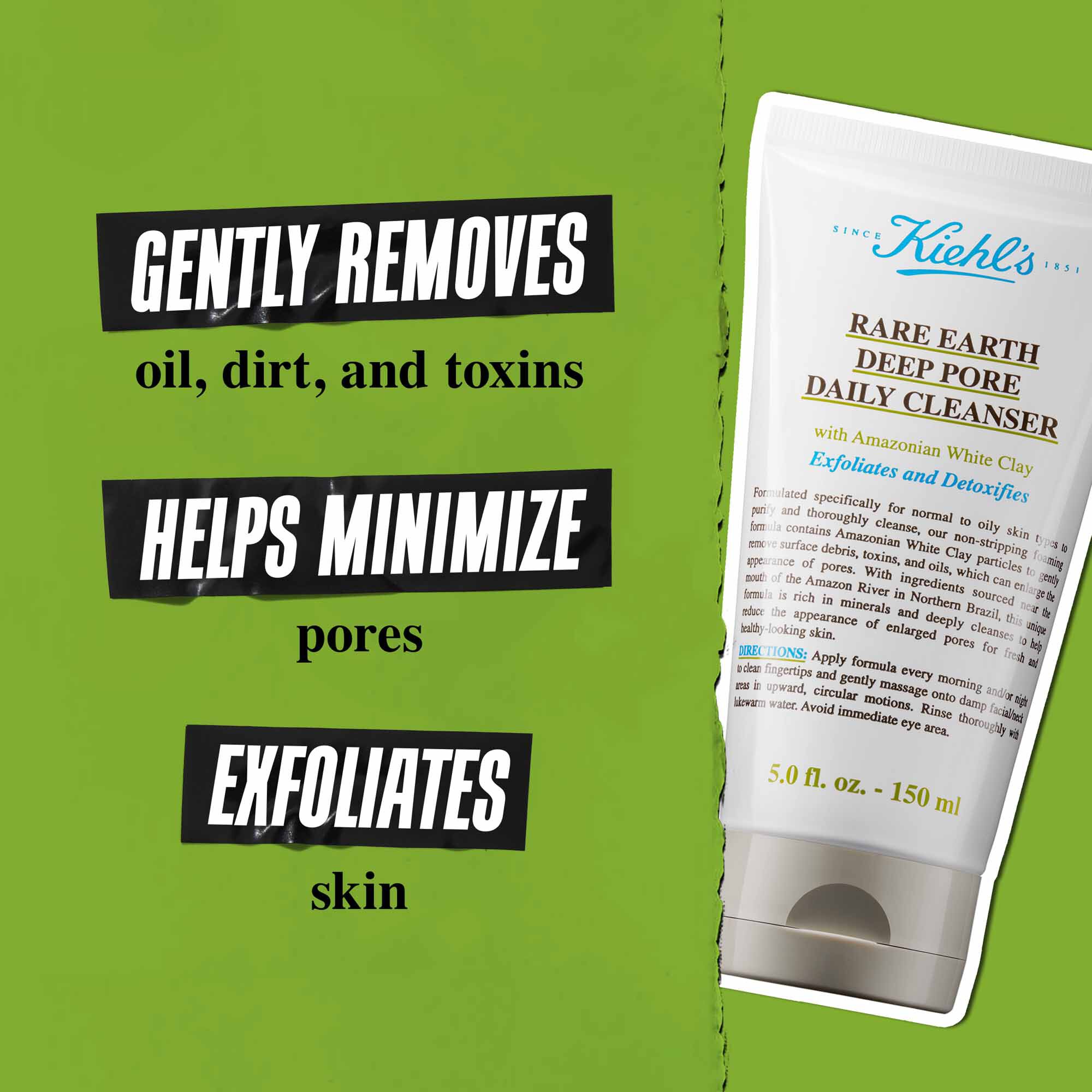 En tub med Rare Earth Deep Pore Daily Cleanser mot en gron bakgrund med texten "Tar varsamt bort smuts, olja och gifter. Håller porerna minimerade. Exfolierar och djuprengor huden."