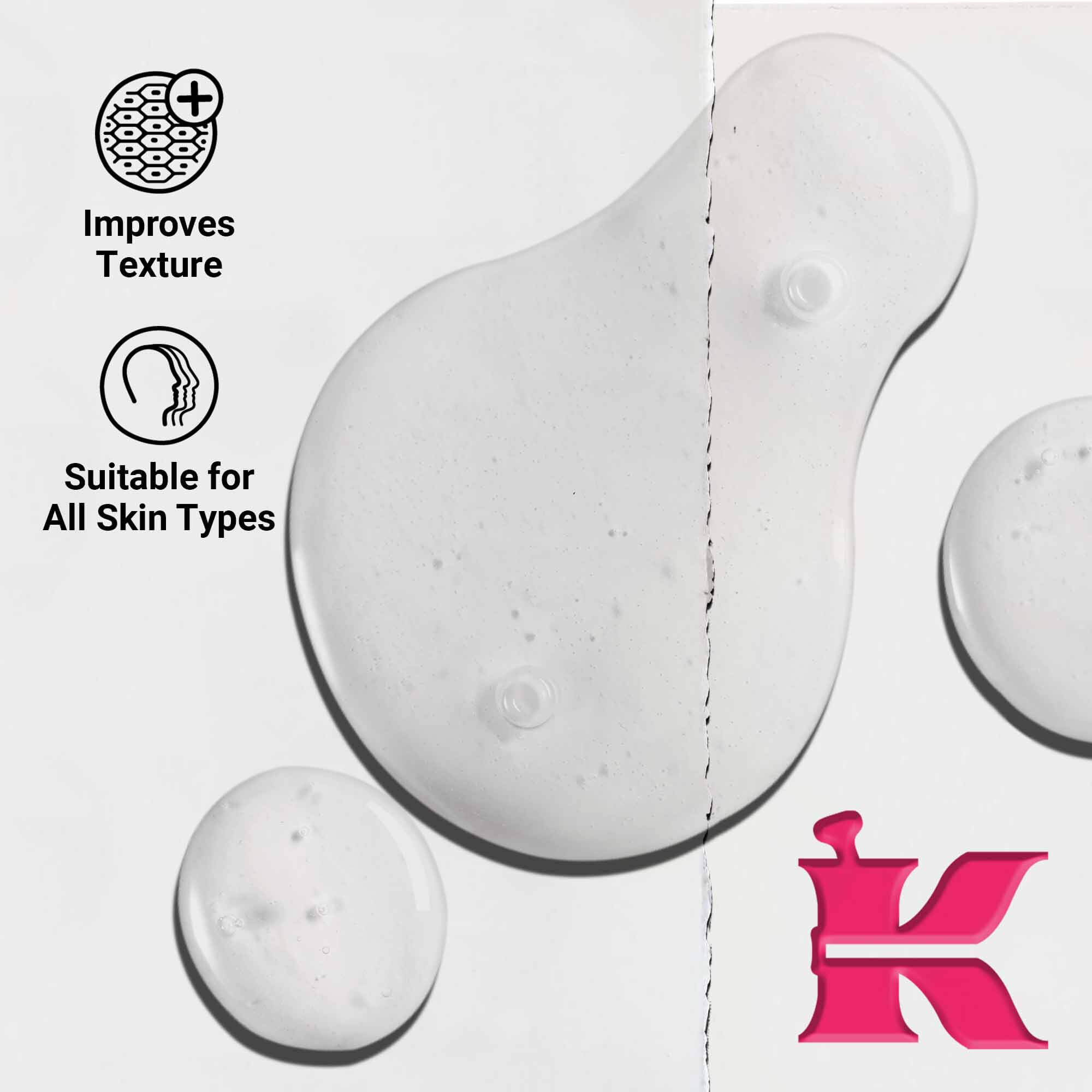 Narbild på konsistensen av Ultra Pure 9.8% Glycolic Acid Serum som visar klara vatskedroppar. Texten betonar formågan att forbattra texturen och lamplighet for alla hudtyper.