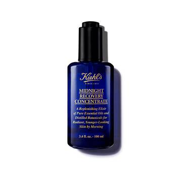 En 30 ml flaska med Kiehl's Midnight Recovery Concentrate ansiktsolja mot en vit bakgrund.