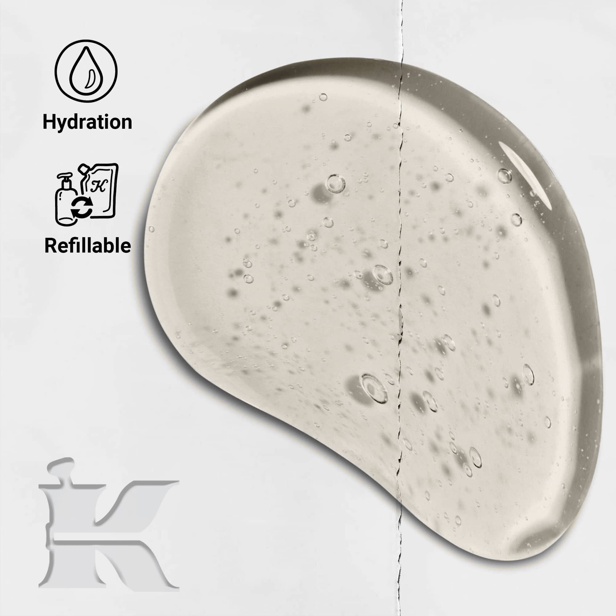 Foto av Amino Acid Shampoo-textur med ikoner som visar att den ar påfyllningsbar och ger återfuktning