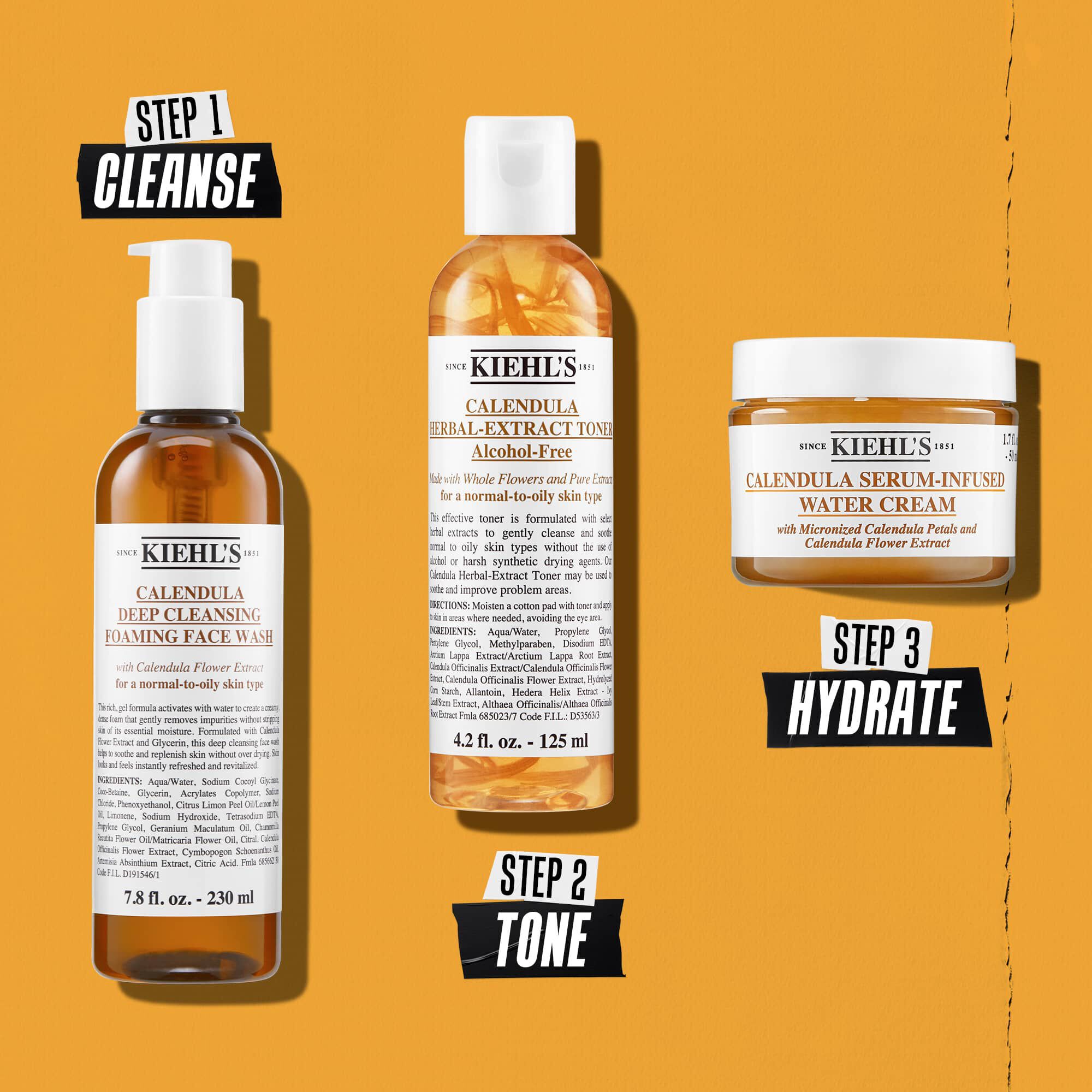 Illustration av rutin med Kiehl's Calendula Foaming Face Wash – Rengor, Tona, Återfukta