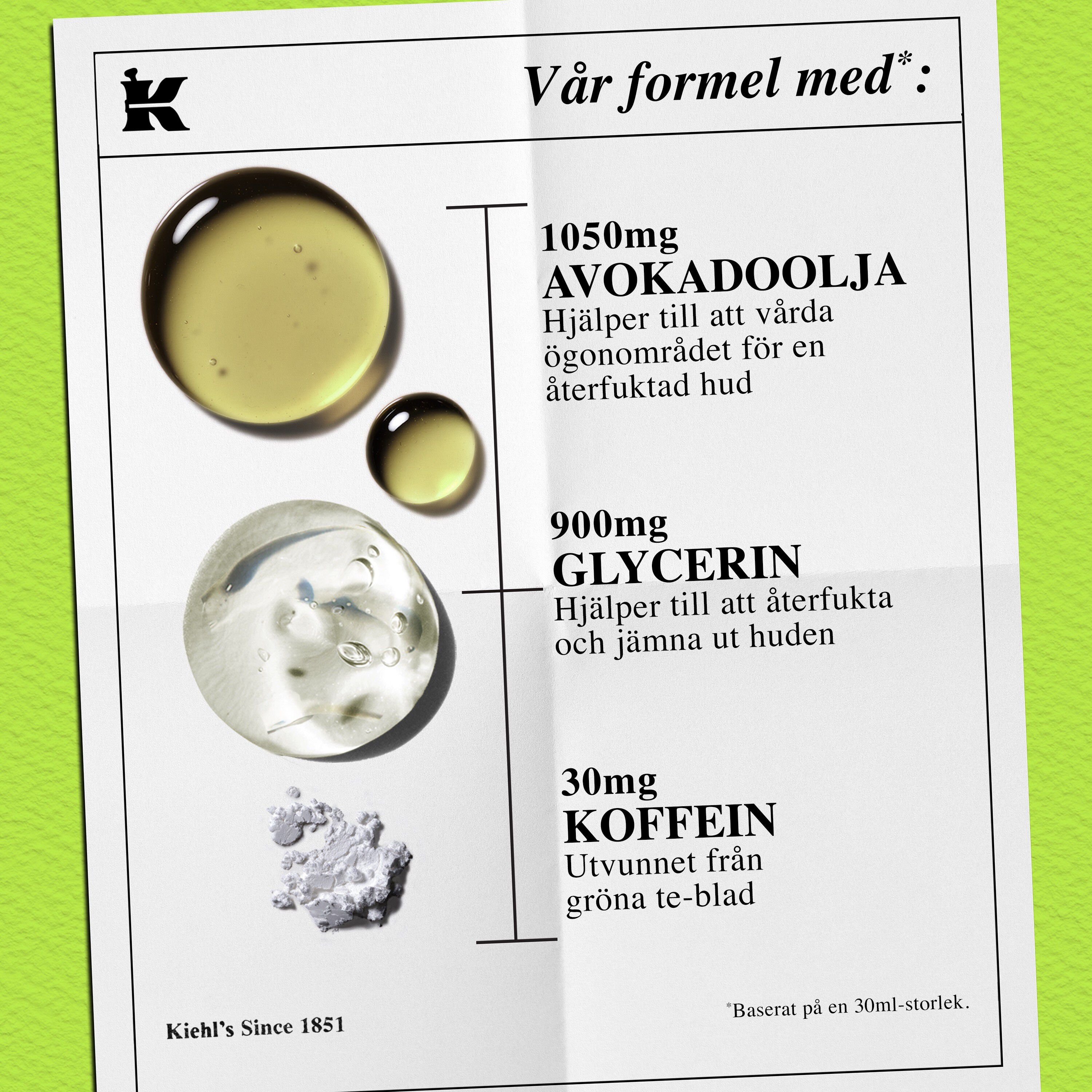 Foto på produktkonsistens med ikoner – kan reducera svullnad runt ogonen och passar alla hudtyper