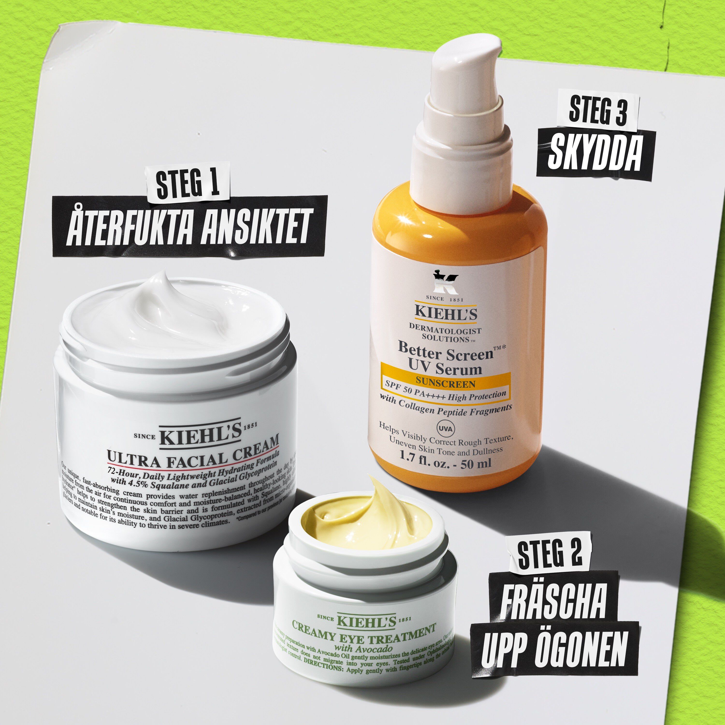 Rutin med Kiehl's Creamy Eye Treatment with Avocado – Steg 1 Rengor, Steg 2 Behandla, Steg 3 Återfukta