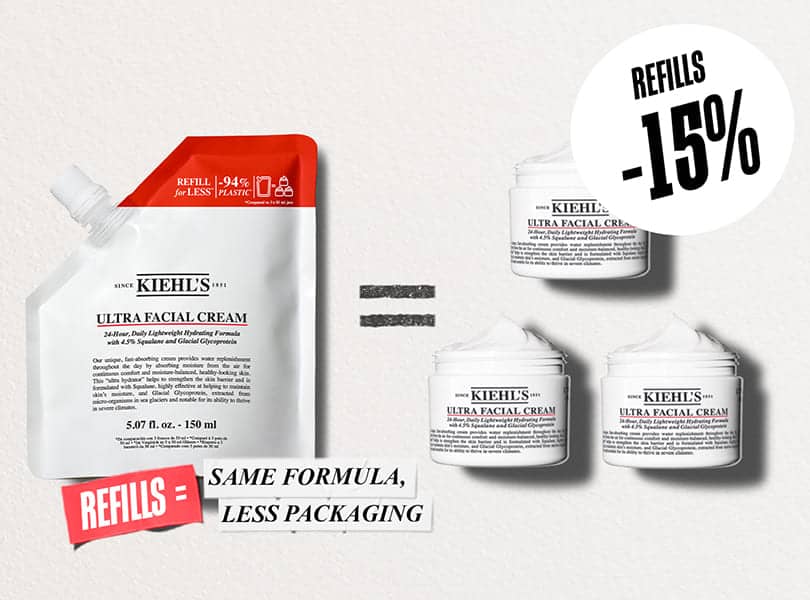 En Kiehl's Ultra Facial Cream Refill, samt 3 Ultra Facial Cream-burkar. Fokus på 15% rabatt og mindre plastanvändning.