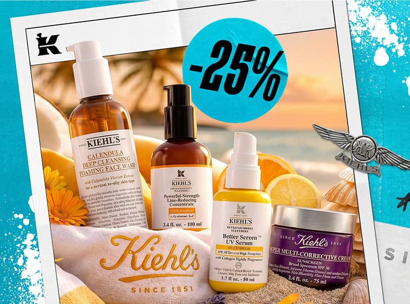 Kiehl's hudvårdsprodukter inklusive ansiktstvätt, serum och kräm med 25% rabatt, mot en solnedgång på stranden i bakgrunden.