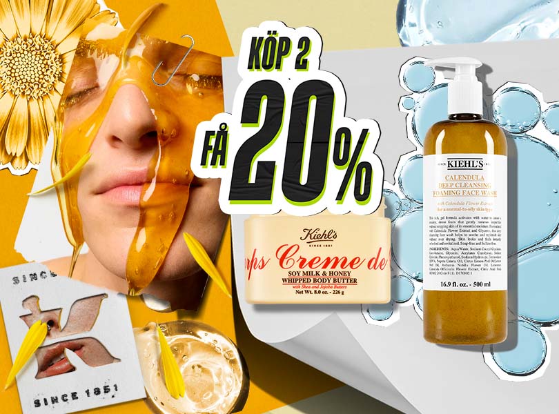 Kampanj för Kiehl's Ultra Facial Cream med information om rabatter och produktanvändning i naturmiljö.