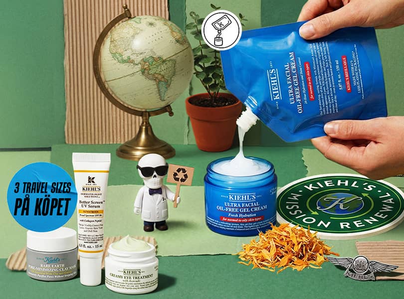 Händer som häller Kiehl's Ultra Facial Oil-Free Gel Cream med andra Kiehl's hudvårdsprodukter, en jordglob, en växt och en liten figurin mot grön bakgrund