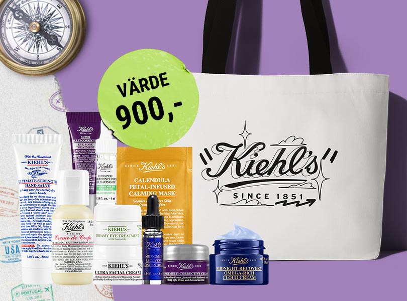 Bild med 9 produkter i resestorlek från Kiehl's, samt en goodiebag. Detta ingår vid beställningar över 1400 kr.